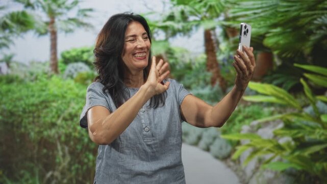 Woman waving a smartphone and smiling, hand lifted toward camera on forest path while speaking and gesturing to screen; virtual connection joy.