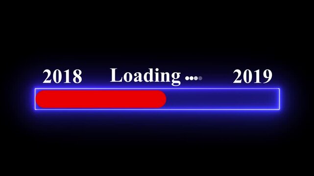  New year 2019 loading bar animation Year changing from 2018 to 2019. Motion graphics of year change concept with black background.