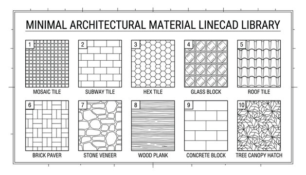 Minimal architectural material linecad library vector patterns on transparent background.