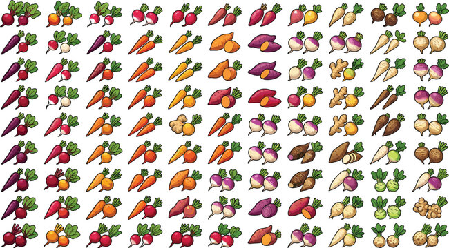 Vector cartoon mega icon set of organic root vegetables including carrots radishes beets and turnips isolated on white background