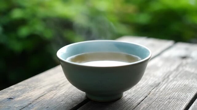 A serene image showcasing a teacup with steaming liquid on a wooden surface