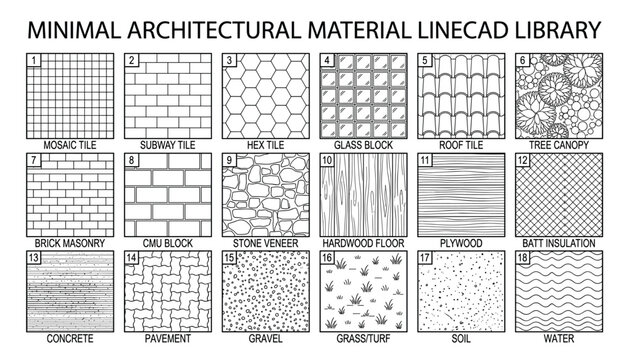 Minimal architectural material linecad library vector set. Collection of seamless patterns for design and drawing.