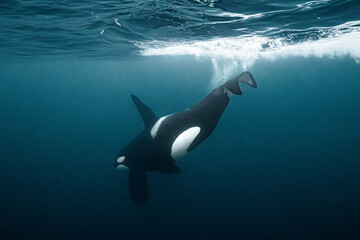 Killer whale (Orcinus orca) underwater during the annual herring migration in Norway. Shot in November in the fjords around Alta in 2025. © Kristof