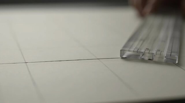 Architect Using Clear Ruler to Draw Grid Lines on White Paper