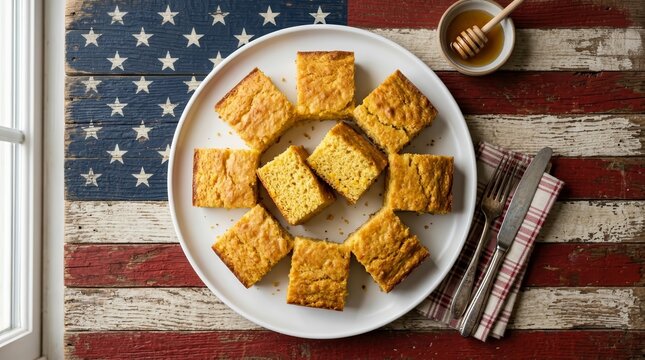 Golden squares of fresh cornbread served on a white plate against a rustic American flag background.
