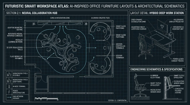Futuristic smart workspace blueprint with aiinspired office furniture layouts and architectural schematics