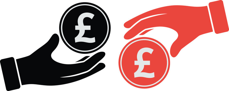 Hands, with British pound coins icon, financial support and money management symbol for banking investment and payment systems.