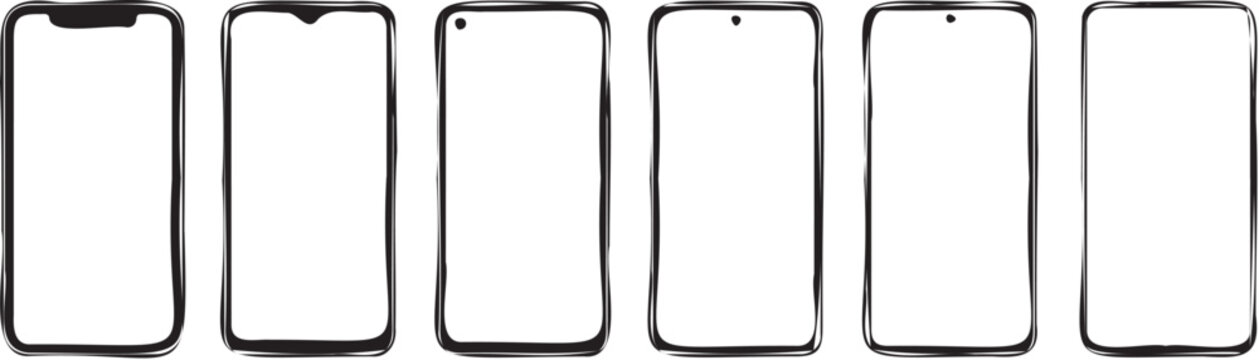 Set of six minimalist vector graphic smartphone outlines showing various screen notch styles for modern mobile app user interface design