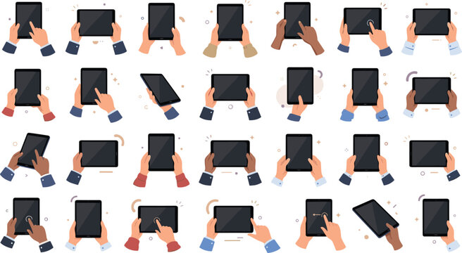 Diverse collection of human hands holding and interacting with digital tablet screens for mobile app UI UX design presentations and website marketing graphics