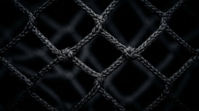 A close-up view of a black sports net against a dark background.