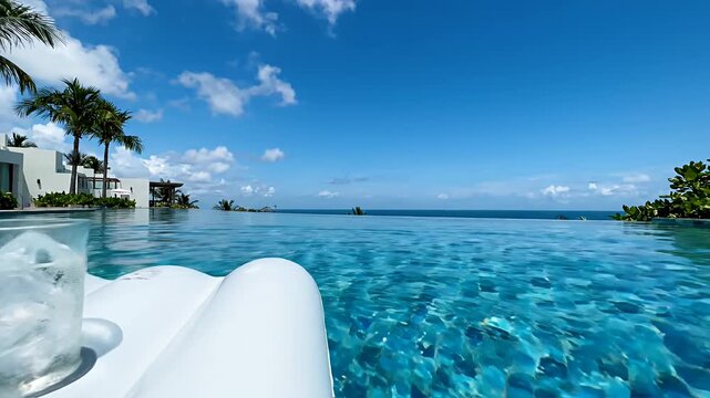 Clear glass cup holding ice cubes. White inflatable pool float. Blue water surface ripples float liquid.