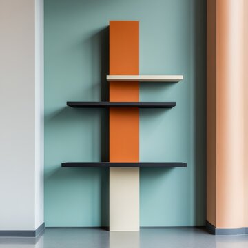 De Stijl Inspired Geometric Shelving Modernist wall unit with orange, black and cream color-blocks on a teal wall, showcasing abstract lines and minimalist composition.,Minimalism