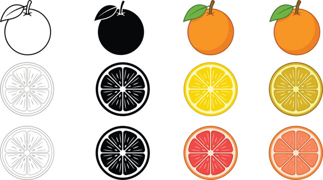 Minimalist citrus fruit icon collection featuring whole oranges lemon slices and grapefruit cross sections in outline silhouette and flat color styles for food branding
