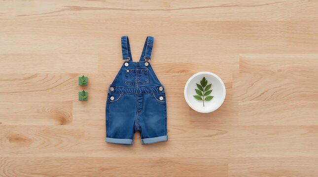 Adorable baby denim overalls and leaf-decorated bowl on wooden surface.