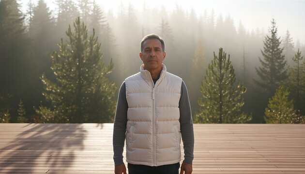Latino man wearing a blank white puffer vest on a misty mountain deck
