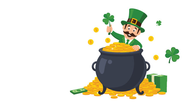 Joyful leprechaun wearing a green hat holds a four-leaf clover while emerging from a large black pot overflowing with shiny gold coins.