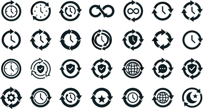 Professional set of clock and update icons featuring infinity symbols security shields and global timer signs for app interfaces and business management systems vector