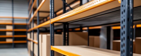 Fototapeta premium Dynamic perspective of empty warehouse shelving vibrant orange beams and grey uprights stretch into a blurred background with boxes. Symbolizes efficient storage and supply chain