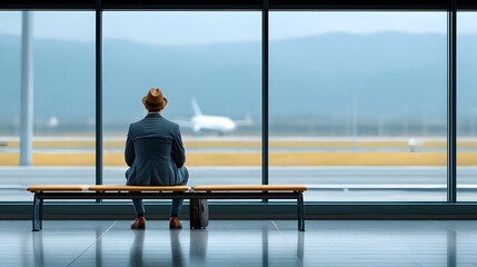 Fototapeta premium Business traveler waiting at airport terminal after flight disruption, large windows overlooking runway, realistic travel photography