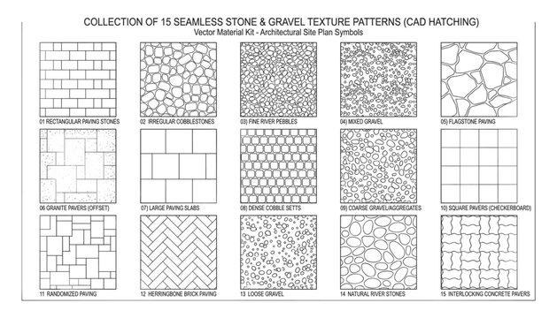 Collection of 15 seamless stone gravel texture patterns for architectural site plan cad hatching vector material kit.