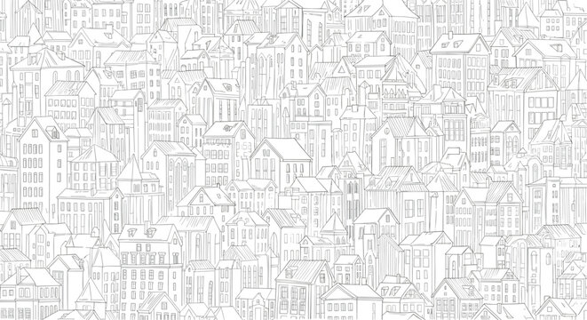 Detailed architectural sketch shows a dense cityscape packed with numerous tall buildings and houses in a classic hand-drawn artistic style.