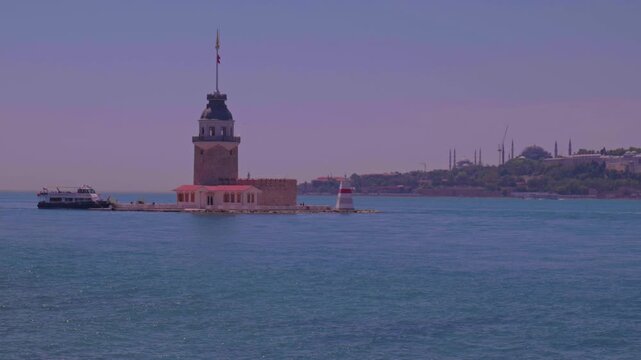 Maidens Tower and Hagia Sophia Mosque on Istanbul Bosphorus
