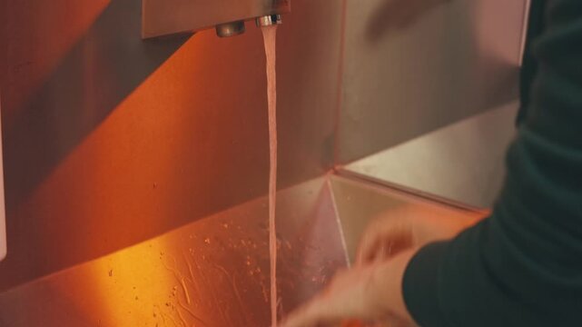 person washes his hands before work for safety reasons. rules of hygiene. rules of safety at work. stages of working day preparation at factory. large-scale production manufacturing processing herbs 