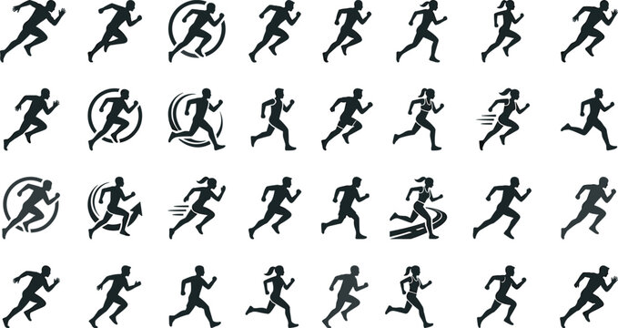 Professional set of running person icons and silhouettes for fitness tracking apps, marathon posters, sports brand logos, and active lifestyle graphic design projects