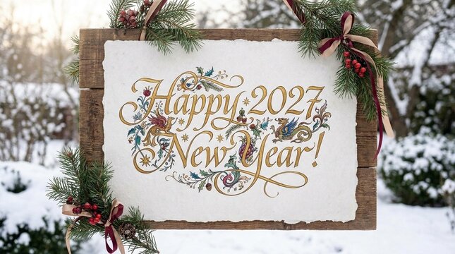 Rustic wooden sign with ornate Happy 2027 New Year lettering framed by evergreen and red ribbons set outdoors in snowy winter landscape conveying festive warmth