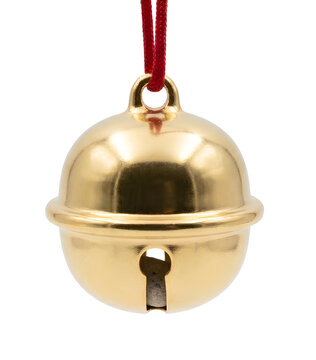 紐付きの金色の鈴（神社の鈴）の背景透過素材 / Golden Bell Suzu with Red Cord Isolated on Transparent Background