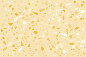 Obraz premium Terrazzo pattern with marble chips and stone fragments on light yellow background. Elegant floor texture with white granite pieces, ceramic mosaic design for modern kitchen interiors.