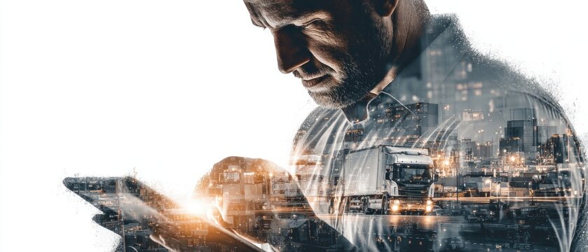 Man using tablet with truck overlay logistics concept