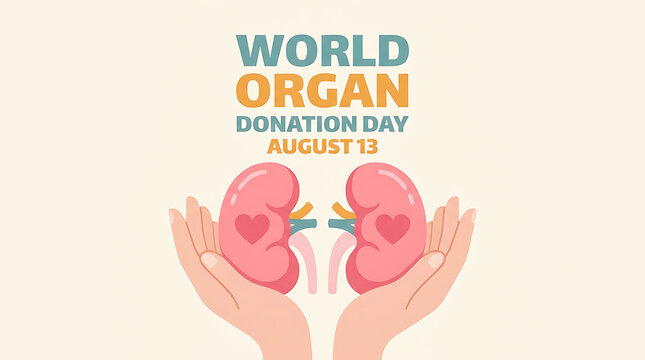Organ donation day with human hands holding kidneys