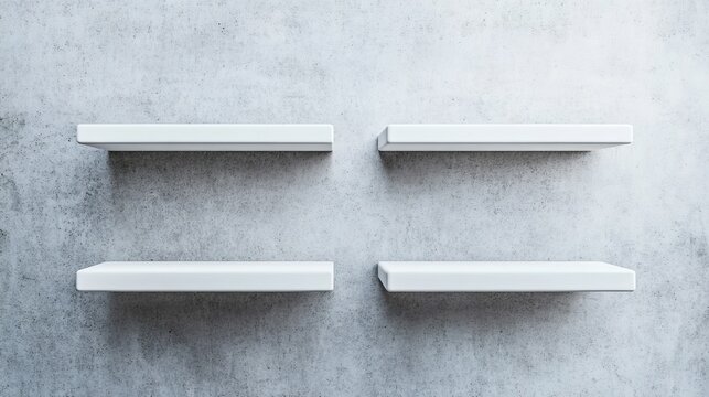 Minimalist 2x2 grid of white floating shelves on a textured concrete wall, offering a clean, modern blank display concept for product mockups or contemporary storage. ,Interior,