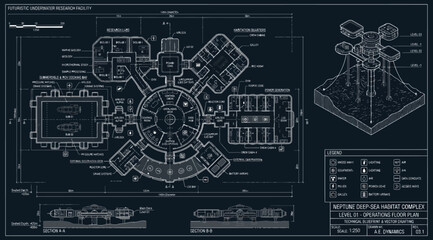 Technical blueprint of neptune deepsea marine complex level 01 © Saharia