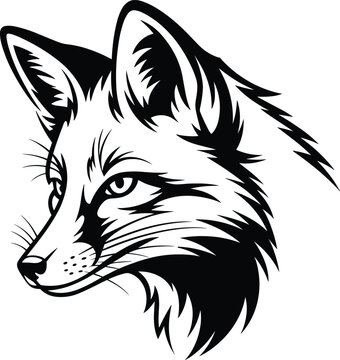 Elegant minimalist black and white vector line art of a cunning fox head staring with sharp focus on white background.
