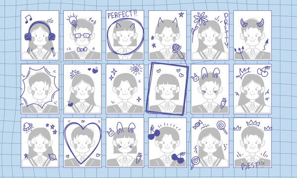Doodle frame template for graduation yearbook album with playful pen sketches. Cute kawaii characters with headphones, glasses, bunny ears and cat features. Doodled mockup for school memories.