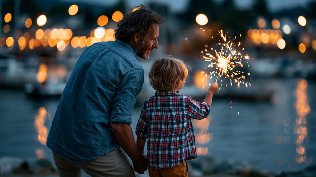 A European dad and child viewed from behind light softly a bright sparkler on a calm summer evening, dad child sparkler, faceless back view, dark outdoors, evening composition, sof