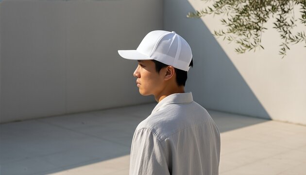 Young East Asian man wearing a blank white snapback cap in a sunlit minimalist courtyard