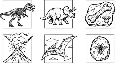 Black and white illustrations of various dinosaurs and prehistoric scenes © Abu