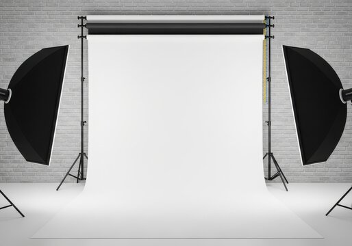 Studio setup with white backdrop, and softbox lights, lighting