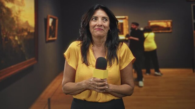 Woman reporter holding microphone with both hands in museum building, looking awkward and hesitant; awkwardness.