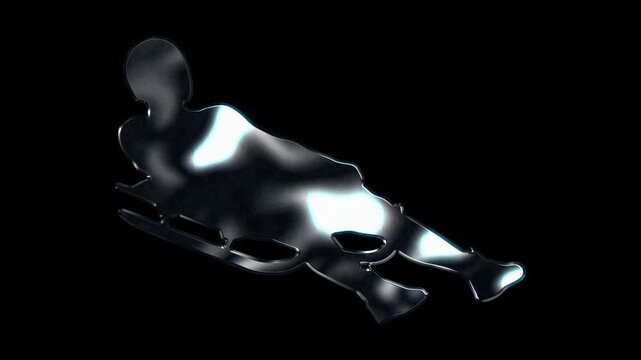 Silver metallic luge racer sliding feetfirst on ice track silhouette. Alpha channel. Seamless loop video.