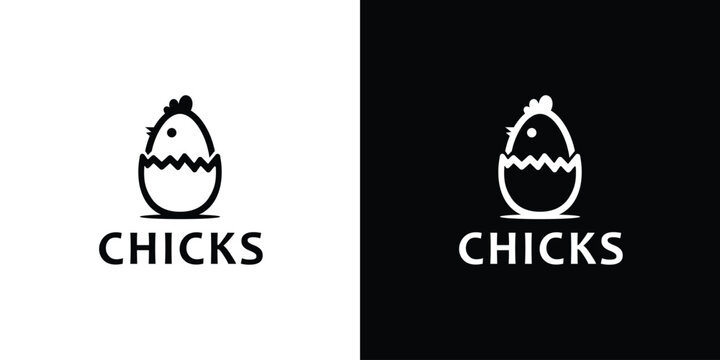 Chicks logo design with egg and chicken black and white.