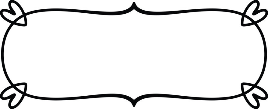 Minimalist black decorative frame with elegant heart corner accents isolated on white background for romantic wedding invitations.