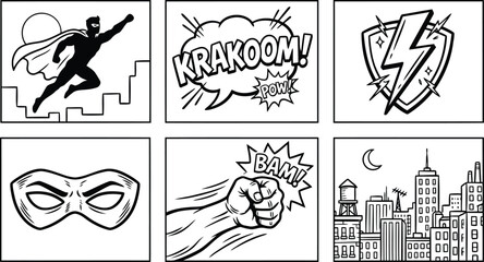 Collection of comic book style illustrations and icons © Abu