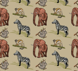 Obraz premium Safari repeat pattern design with elephant and zebra illustrations in vector
