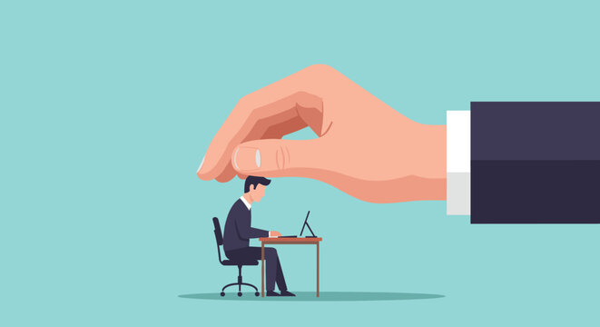 Large hand in a suit jacket hovers over a tiny office worker at a desk symbolizing corporate pressure, control, or protection.