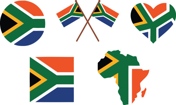 Collection of five generic South Africa flag representations in different shapes like circle square map and heart