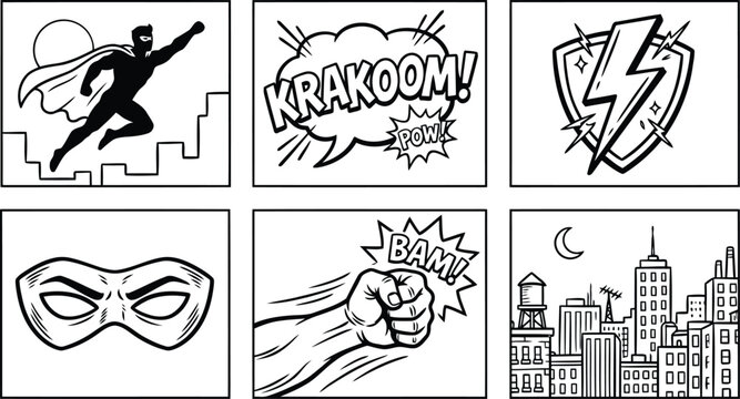 Collection of comic book style illustrations and icons